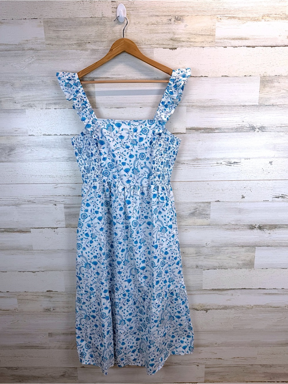 Draper James Blue White Floral Smocked Cotton Midi Dress Coastal Chic Large - Picture 2 of 12